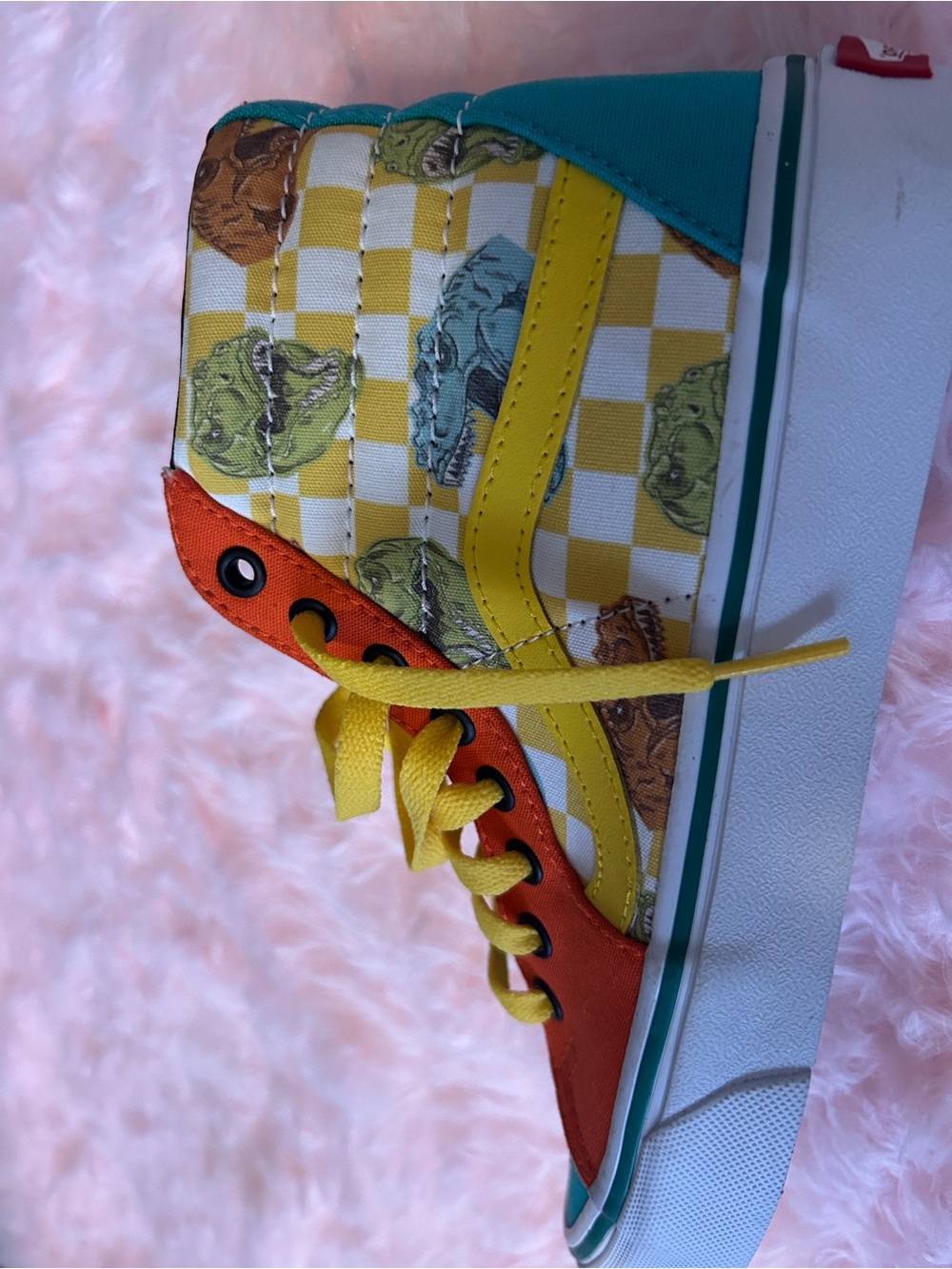Vans Kids High-Top Dinosaur Checkerboard Sneaker - Teal/Orange/Yellow